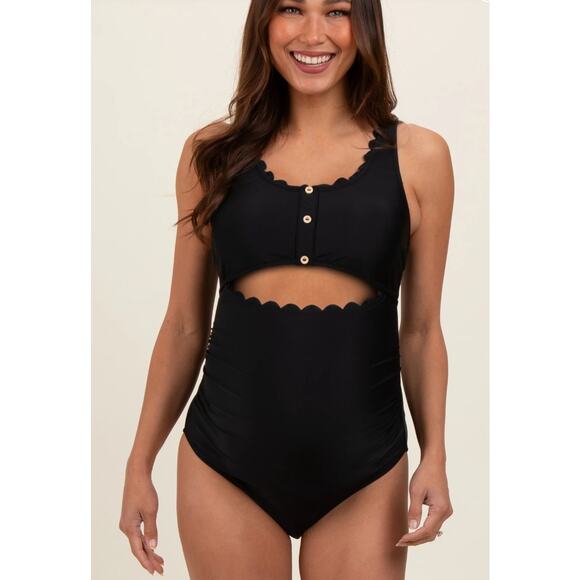 NWT Charmo Maternity One Piece Swimsuit Scalloped Cut Out Ruched UPF 50+ Large - Picture 1 of 5